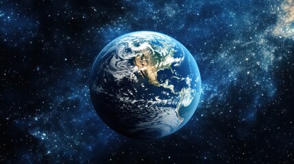 Obraz premium A vibrant view of Planet Earth from space displays the continents of North and South America along with swirling ocean patterns, highlighted by distant stars