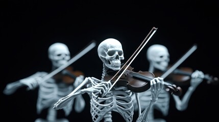 Three skeletons dressed as musicians are playing violins together in a dimly lit environment, creating an eerie yet captivating atmosphere during their performance