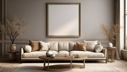 vintage living room cozy couch coffee table framed photo mockup 3d render