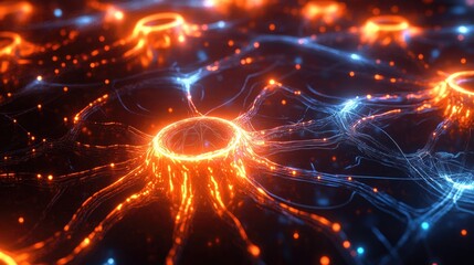 Obraz premium Abstract representation of a network depicted with interconnected orange human icons on a dark blue background