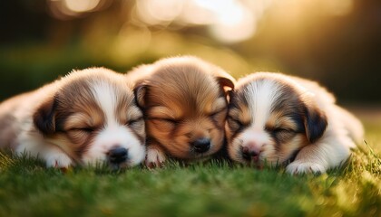 three adorable puppies sleeping peacefully on soft grass