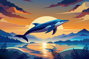Dolphin in the lake at sunset. Vector illustration in flat style