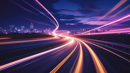 Fast car lights blur red streaks on the dark city highway