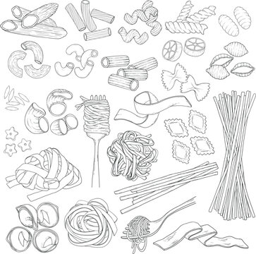 Hand drawn pasta set. Vector vintage spaghetti and macaroni line art illustration