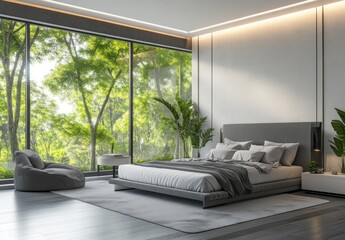 Modern bedroom interior with a large window looking outside