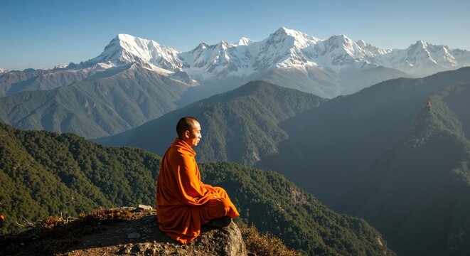 Monk meditating peacefully against majestic mountain backdrop   - Powered by Adobe