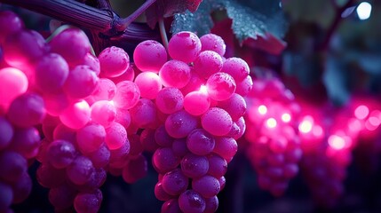 Glowing red grapes on vines, dew drops, backlit, vibrant and ripe