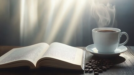 Coffee beans spread across a book page with a cup of coffee nearby, calm morning vibes, soft sunlight and visible steam in the air, Realistic, literary and cozy ambiance