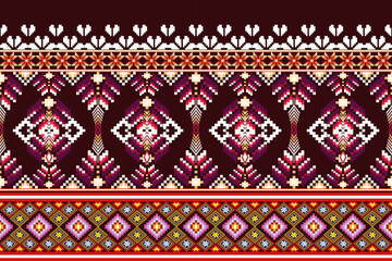 Pixel ethnic  pattern oriental traditional. Design fabric pattern textile African, Aztec African America Indian seamless. Floral pixel art pattern on navy background  vector illustration