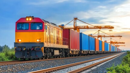 Obraz premium freight train passing through industrial area, surrounded by cranes and loaders, cinematic photography, global commerce vibe