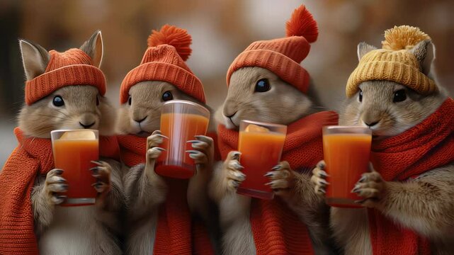 Four cute rabbits wearing winter hats and orange scarves hold orange juice glasses in their paws footage. Holiday season happy mammals warm drink motion screen clip.