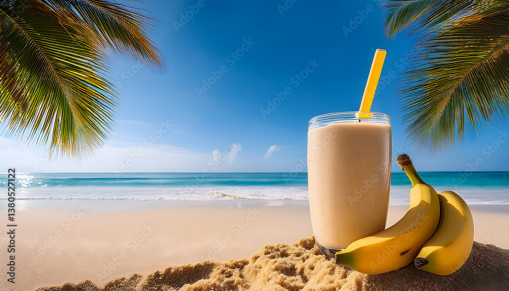Aufkleber a refreshing banana smoothie sits on the beach, surrounded by palm trees and a clear blue sky, evoki