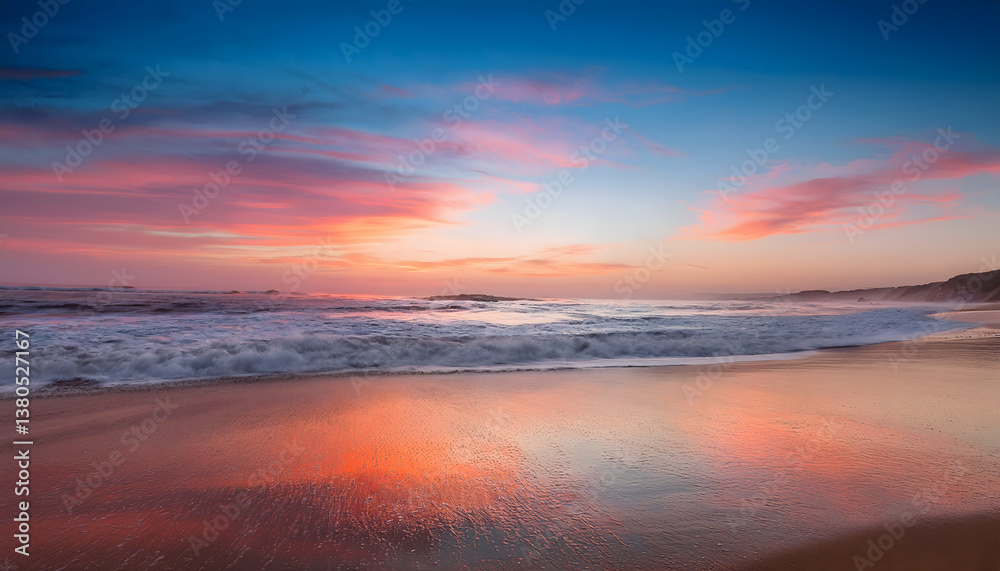 Aufkleber a serene beach at sunset with colorful skies reflected on the wet sand and gentle waves lapping at t
