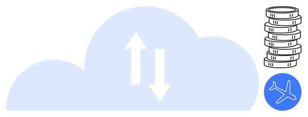 Cloud with bidirectional arrows, coin stacks, and airplane icon communicate storage, finance, and mobility. Ideal for technology, finance, travel, data access cloud storage global connectivity