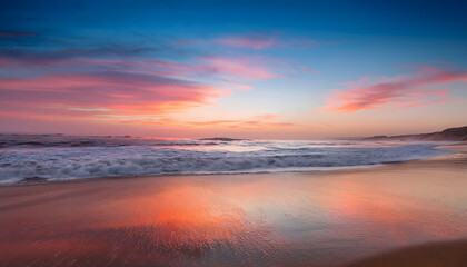 A serene beach at sunset with colorful skies reflected on the wet sand and gentle waves lapping at the shore