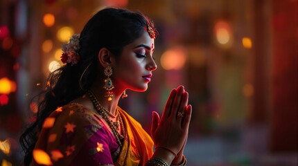 Beautiful Indian woman dressed in traditional attire with vibrant jewelry and a joyful expression, celebrating cultural heritage, festival happiness, and ethnic elegance in a bright setting