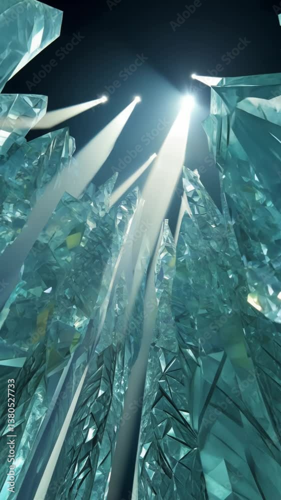 Poster a large blue crystal structure with many small crystals. the structure is very tall and has a lot of