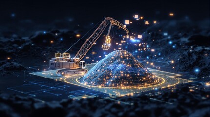 An illuminated excavator interacts with a data-configured spherical mound, symbolizing technology, progress, and futuristic data extraction in a digitally enhanced conceptual environment.