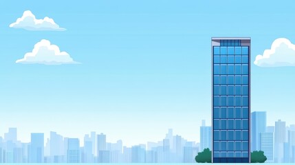 Obraz premium A tall, glass-fronted skyscraper dominates the urban skyline under a bright blue sky with fluffy clouds. Nearby buildings create a lively city atmosphere filled with potential
