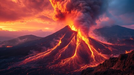 Volcanic eruption, sunset, mountain, lava flows