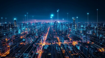 Fototapeta premium Digital City Connected Skyline at Night