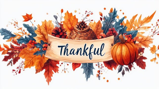 Transparent PNG of a Thanksgiving banner with cornucopia, fall foliage, and a "Thankful" message, isolated on a transparent background