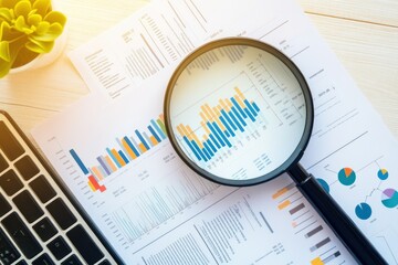 Magnifying Glass Over Business Charts and Graphs on a Wooden Table with Laptop and Plant