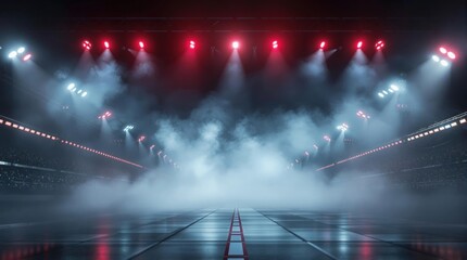 Modern indoor stadium with bright spotlight illumination, symbolizing sports, competition, event arena, championship, concert venue, and dynamic energy of an active entertainment hub