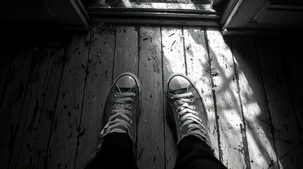 Black and White Converse on Worn Wooden Floor