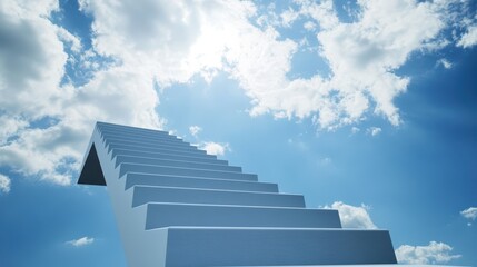 A modern staircase appears to lead upwards into a vibrant blue sky filled with scattered, fluffy clouds. The structure is sleek and minimalist, creating an intriguing visual