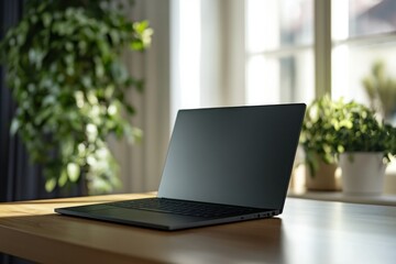 Fototapeta premium Modern Laptop on a Desk with Green Plants in a Bright Indoor Setting