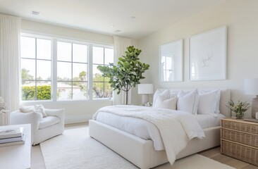A bright and airy modern bedroom with minimal white decor