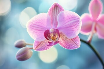 Obraz premium Close-Up of a Beautiful Pink Orchid Flower with Soft Blurry Background and Delicate Petals
