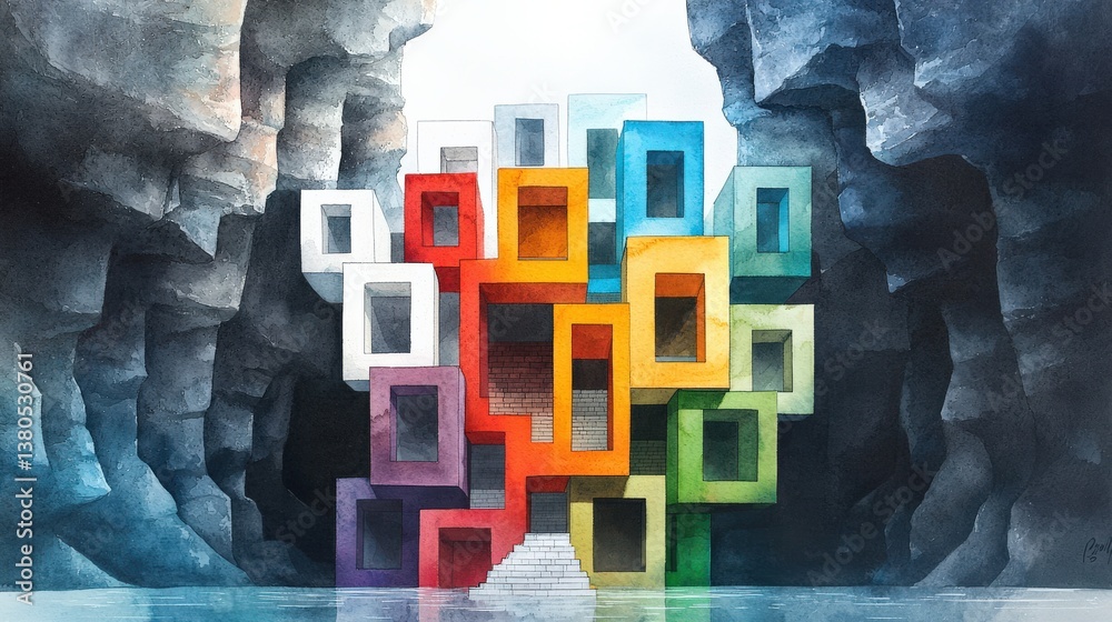 Wall mural a colorful building with many windows is shown in a cave. the building is made of blocks