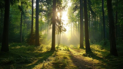 Obraz premium Sunlight streams through tall trees in a peaceful forest, illuminating a winding path. This tranquil setting captures the beauty of nature at dawn