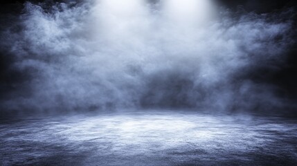 Fototapeta premium A mysterious, smoky stage bathed in ethereal light, creating an atmospheric and haunting scene with cool, blue tones and a textured concrete floor.