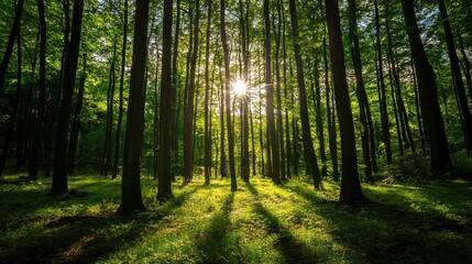 Fototapeta premium Tall trees create a peaceful atmosphere as sunlight filters through the leaves in a lush forest. The soft light casts long shadows on the green ground beneath
