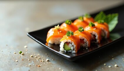 Elegant sushi arrangement, minimalist setting, food photography, macro