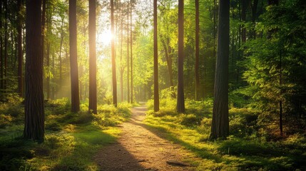 Obraz premium A peaceful forest path stretches between tall trees, illuminated by soft sunlight. The vibrant greens of foliage create a serene atmosphere during the early summer morning