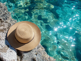 radiant top view scene showcasing simple straw hat resting beside sparkling blue pool, evoking sense of relaxation and summer vibes