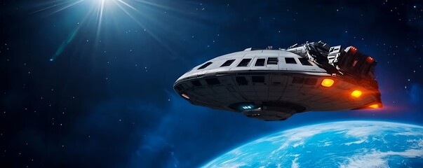 Obraz premium Fictional spacecraft in orbit above Earth during International Space Day