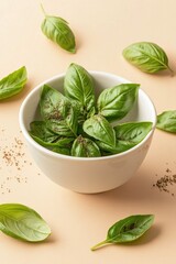 Obraz premium Fresh basil leaves arranged in bowl, showcasing vibrant green co