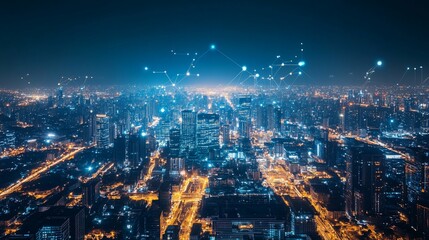 Connected City Night Skyline  Data Network