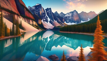moraine lake reflection in canadian rockies tranquil waters mirroring majestic peaks vibrant colors low poly design serene natural landscape