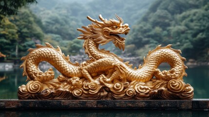 Golden dragon statue with mountain view