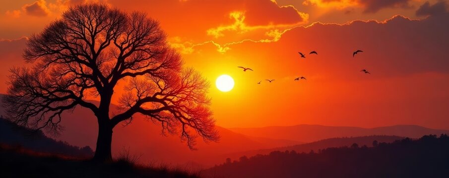 Tree branches in sunset with birds silhouetted against orange sky, tree, orange, sunset