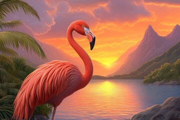 Fototapeta premium A realistic 3D digital artwork of a flamingo standing in a tropical lagoon at sunset