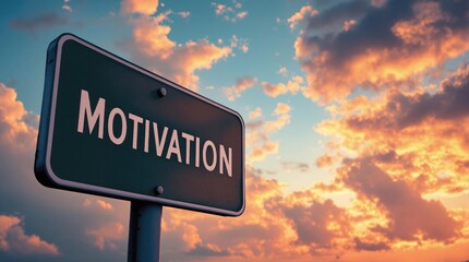 Road sign displaying the word 'Motivation' over a vivid sunset sky, symbolizing inspiration, goals, and personal growth. Ideal for themes related to success, determination, and positive attitudes.