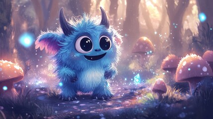 Adorable Blue Monster Exploring Enchanted Forest with Glowing Mushrooms