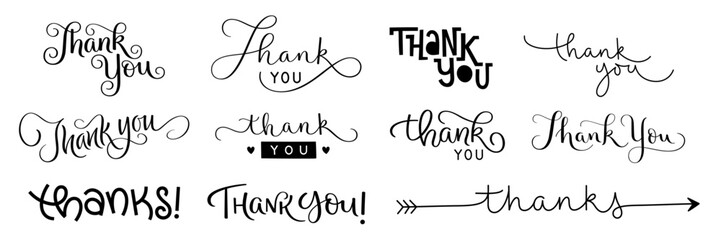 Set of black vector hand lettering THANK YOU banners